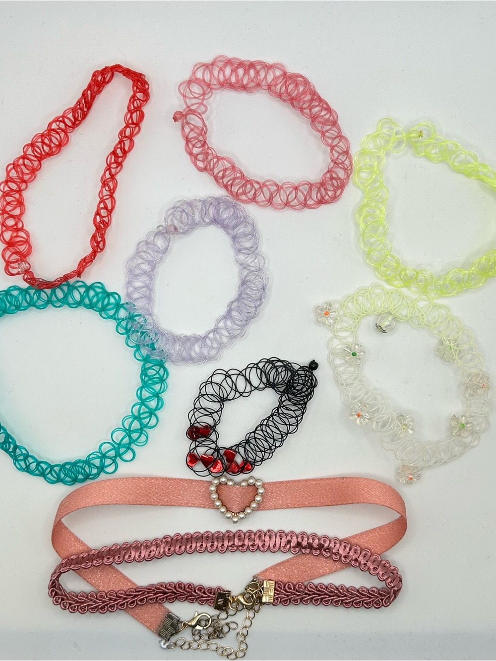 Tattoo Choker Set Neon Pastel Pink w Charms Lot Bundle Kawaii Scene